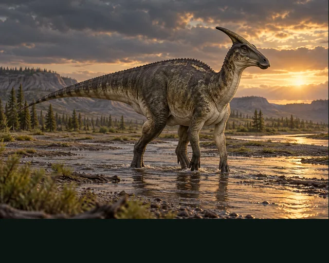 Saurolophus in a prehistoric landscape — AI-generated artistic interpretation