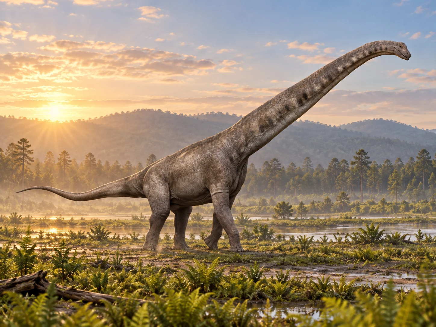AI artistic reconstruction of Sauroposeidon: small head on extremely long raised neck; Deep torso on four columnar legs; Long tapering tail.