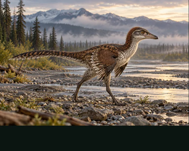 Saurornithoides in a prehistoric landscape — AI-generated artistic interpretation