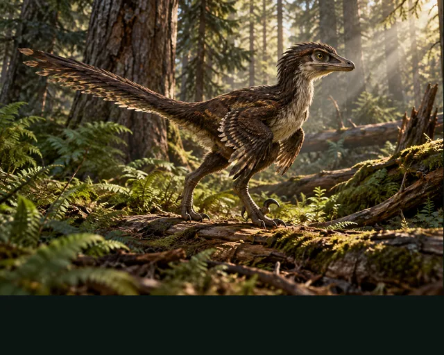 Saurornitholestes in a prehistoric landscape — AI-generated artistic interpretation
