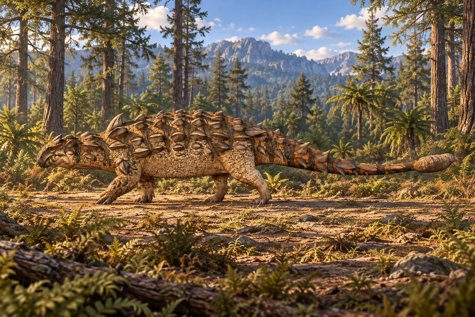 AI artistic reconstruction of Scolosaurus: low blunt armoured head; Broad four-legged body with paired pointed back armour; Long armoured tail with enlarged club.