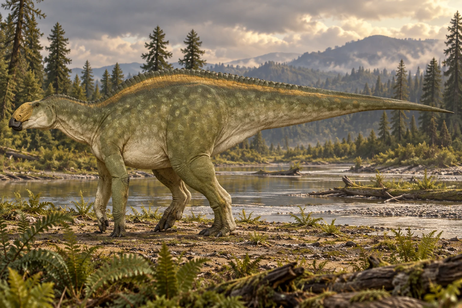 AI artistic reconstruction of Secernosaurus: low broad beaked head without tall crest; Deep quadrupedal torso with modest dorsal skin ridge; Shorter forelimbs and stronger hindlimbs with natural far-side overlap.