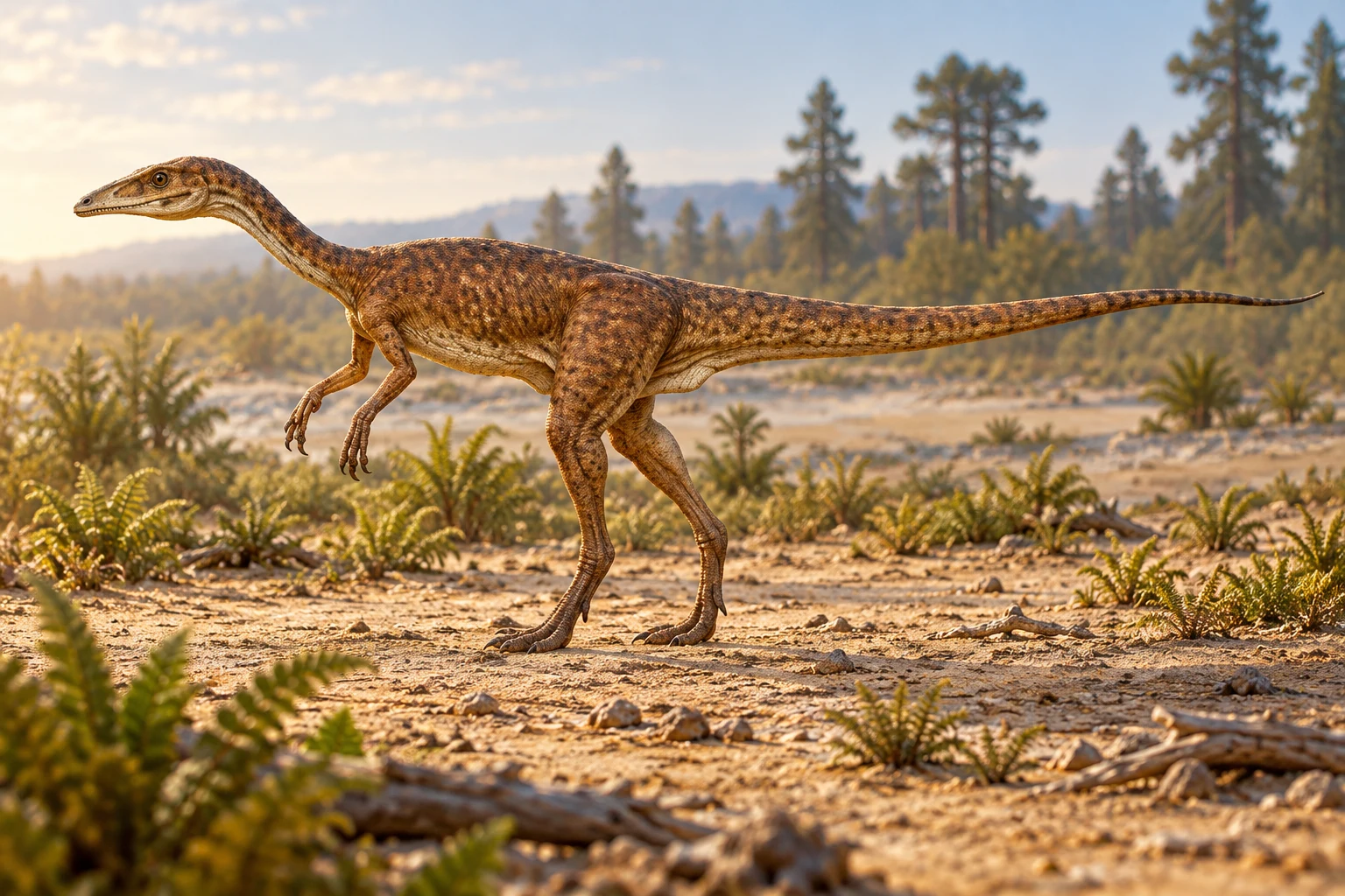 AI artistic reconstruction of Segisaurus: small narrow head; Long neck and grasping forelimbs; Long hind legs and narrow tail.