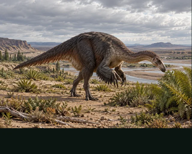 Segnosaurus in a prehistoric landscape — AI-generated artistic interpretation