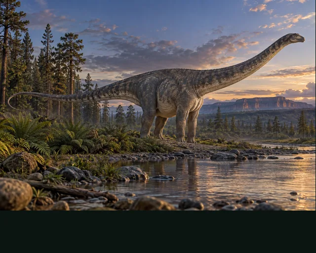 Seismosaurus in a prehistoric landscape — AI-generated artistic interpretation
