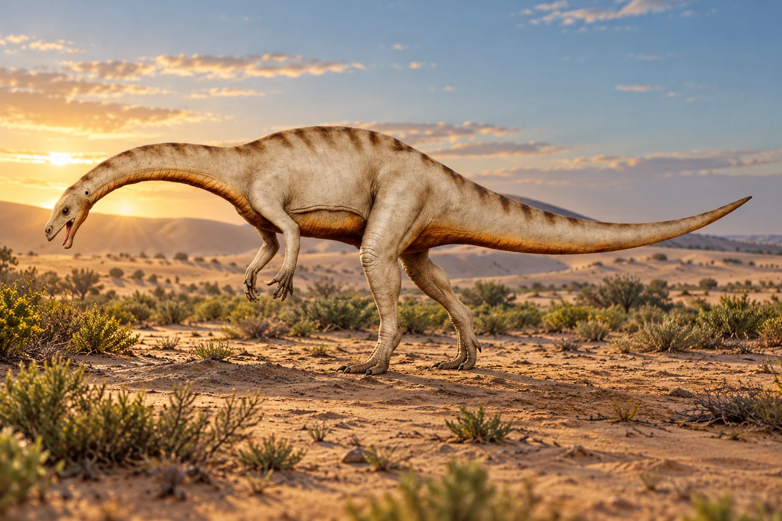 AI artistic reconstruction of Seitaad: elongate small head on a curved neck; long hindlimbs and clawed forearms; complete upward-curved tail visible.