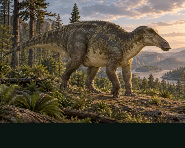 Shantungosaurus in a prehistoric landscape — AI-generated artistic interpretation