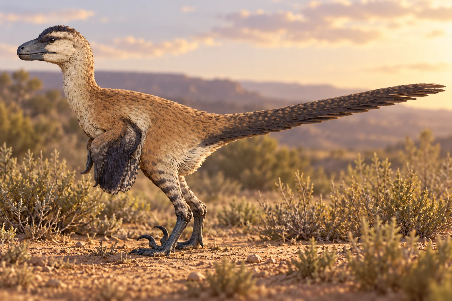 AI artistic reconstruction of Shri: low feathered head on slender neck; Feathered winglike forelimbs; Long hind legs with raised toe and long feathered tail.