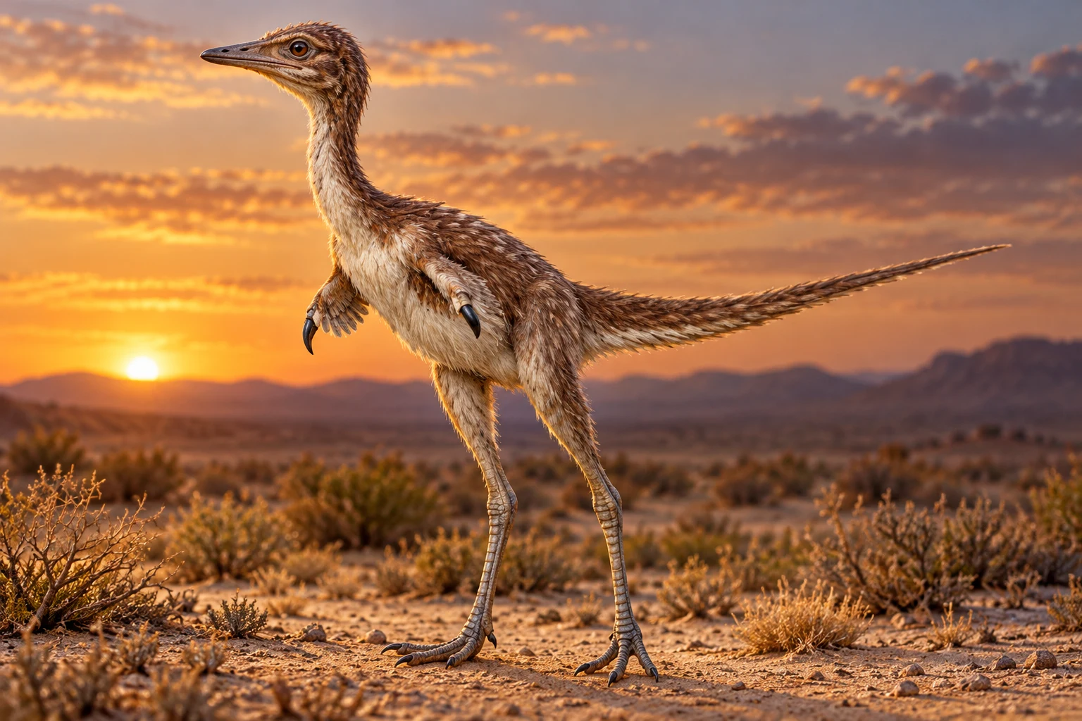 AI artistic reconstruction of Shuvuuia: small narrow beaked head; Tiny forelimbs; Feathered body on long slender legs.