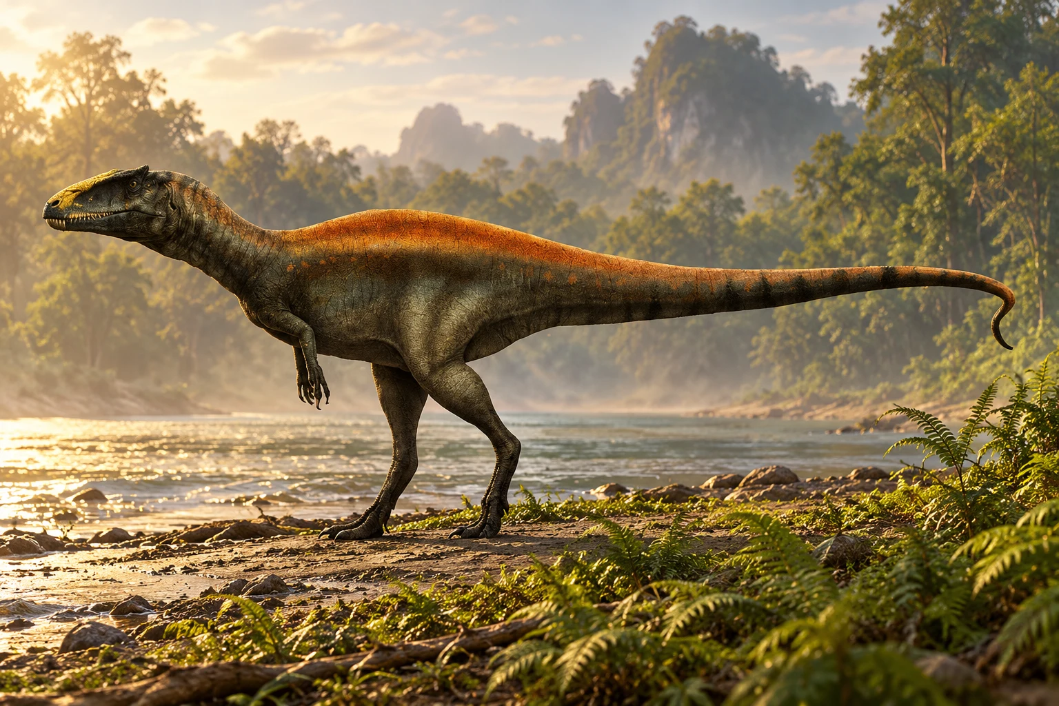 AI artistic reconstruction of Siamraptor: long toothed head; Short grasping forelimbs; Powerful hind limbs and long tail with curled tip.