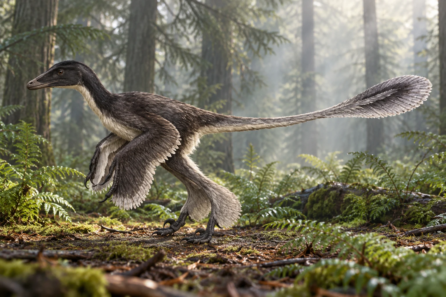 AI artistic reconstruction of Sinornithosaurus: long low head; Feathered forelimbs; Raised inner toe claw and feathered tail.
