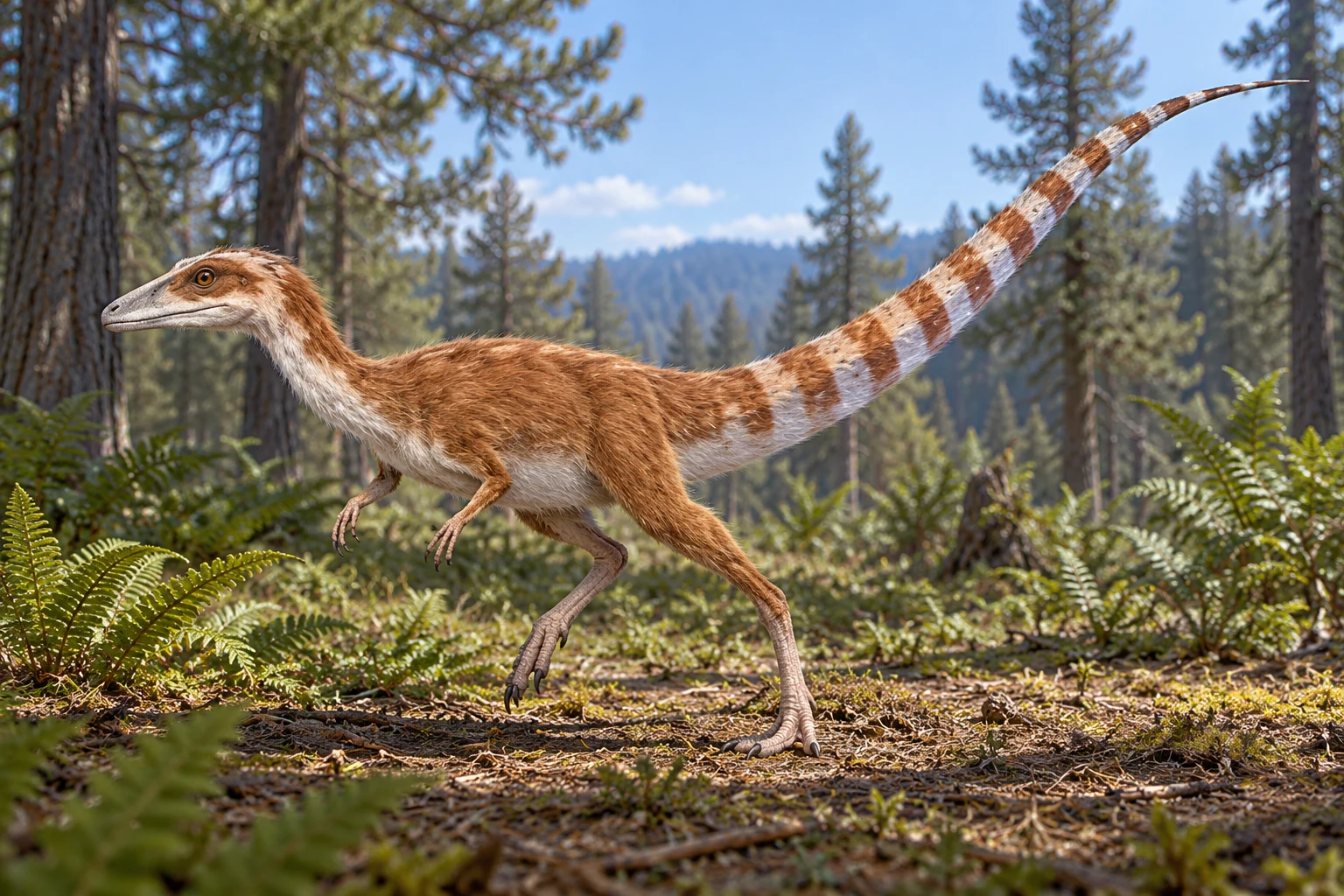 AI artistic reconstruction of Sinosauropteryx: low narrow head; Short forelimbs and long hind legs; Filament-covered body and long banded tail.