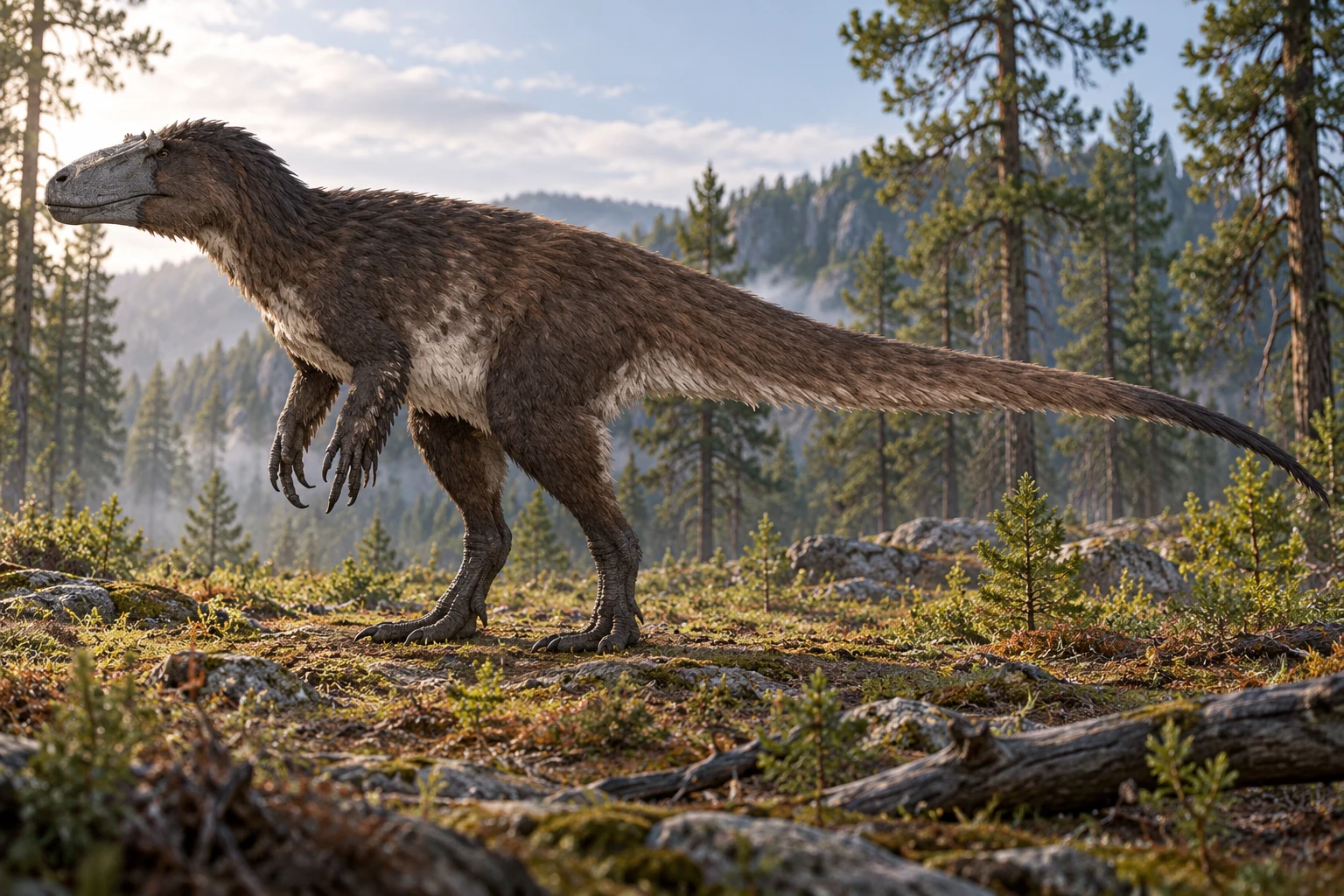 AI artistic reconstruction of Sinotyrannus: long deep low snout with small head ornaments; Relatively long grasping forelimbs; Long hind limbs and long tapering tail.