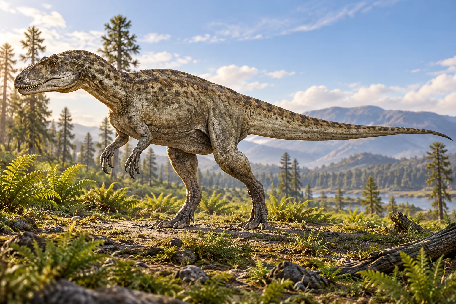 AI artistic reconstruction of Sinraptor: deep tooth-bearing head; Grasping forelimbs; Strong hind legs and long tail.