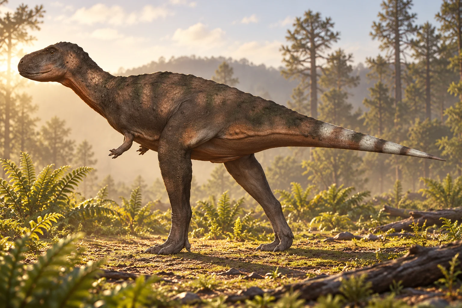 AI artistic reconstruction of Skorpiovenator: deep short head; strongly reduced forelimbs; complete powerful hindlimbs and full striped tail visible.
