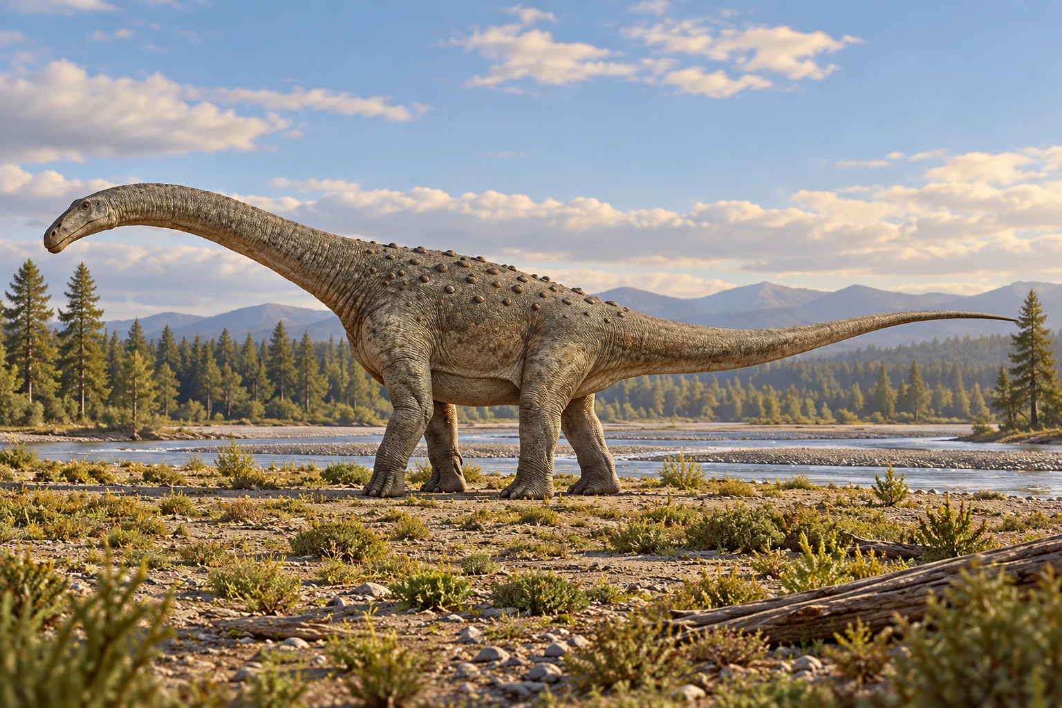 AI artistic reconstruction of Sonidosaurus: small head on moderate neck; Heavy four-legged body; Long tapering tail and low dorsal bumps.