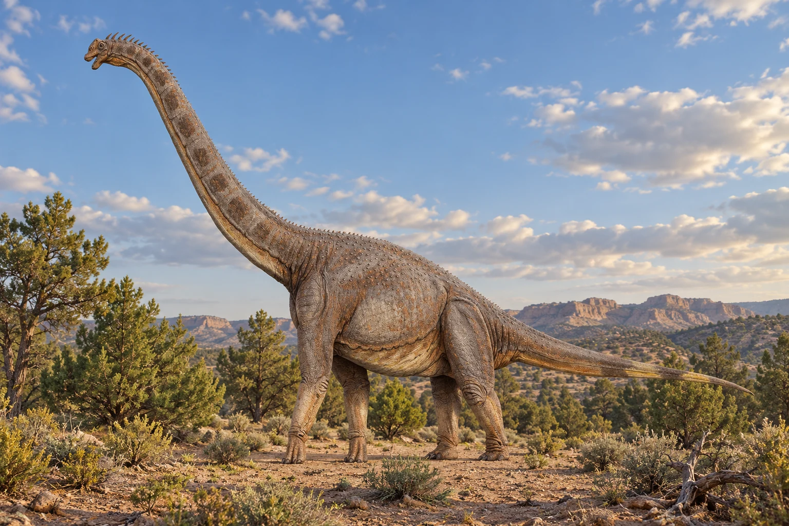 AI artistic reconstruction of Sonorasaurus: small head on very tall curved neck; Heavy body on four long columnar legs; Long tapering tail.