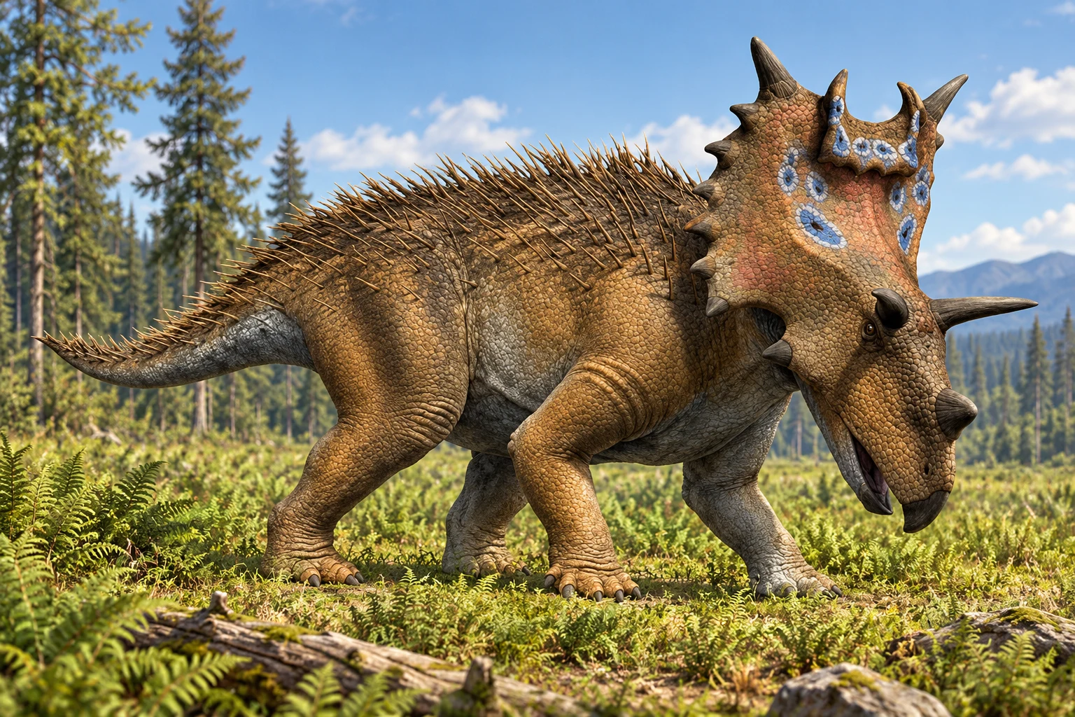 AI artistic reconstruction of Spiclypeus: large beaked head with ornate broad frill; Long lateral brow horns; Robust four-legged body and long tapering tail.