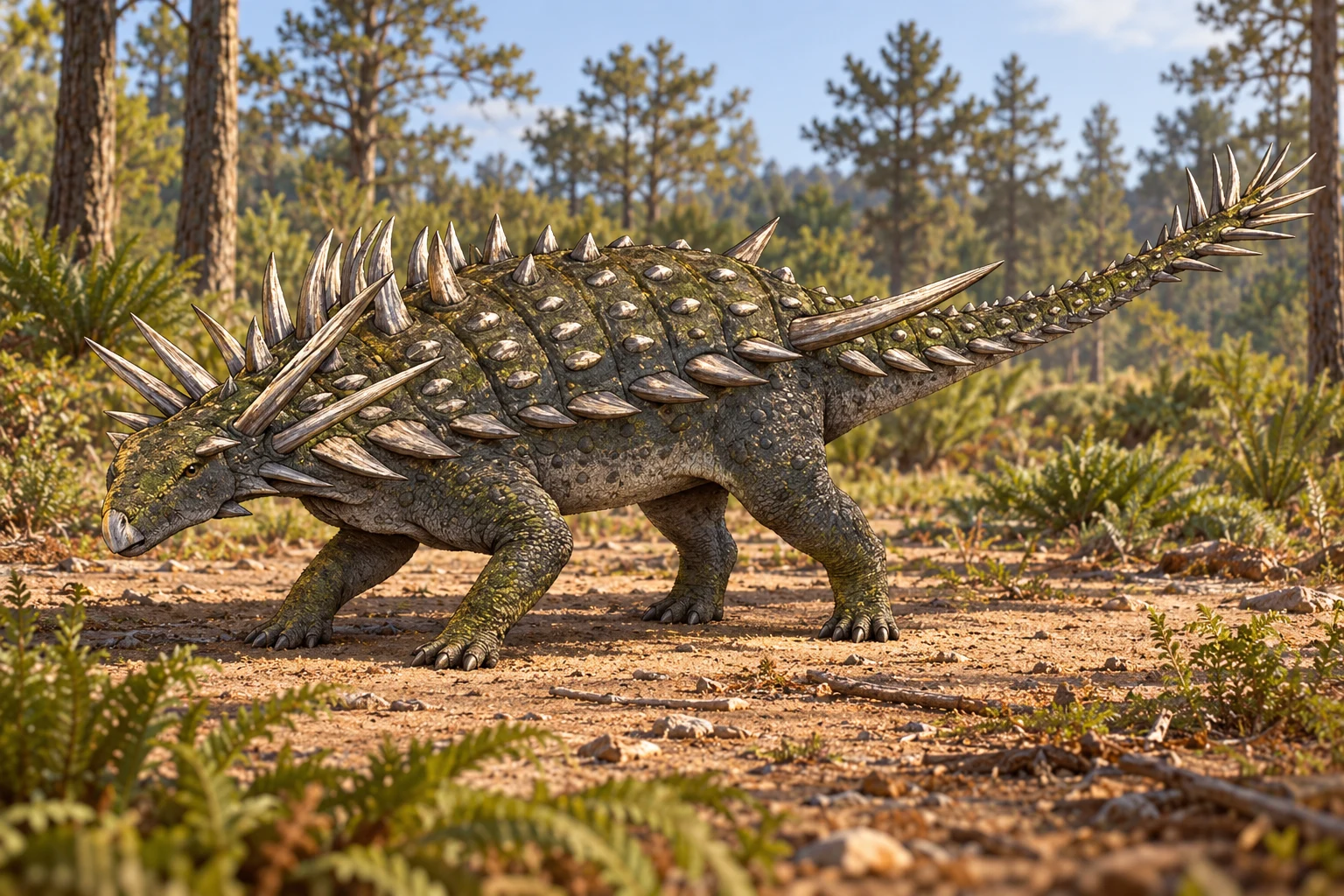 AI artistic reconstruction of Spicomellus: low four-legged body; Extensive lateral and dorsal spikes; Long spiked tapering tail.