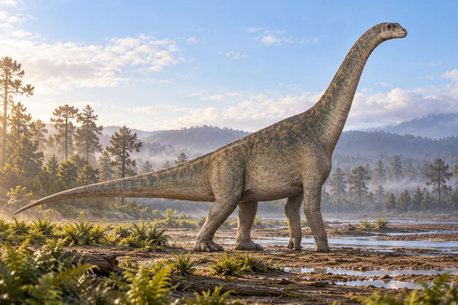 AI artistic reconstruction of Spinophorosaurus: small blunt head on a strongly rising long neck; heavy trunk on four columnar legs; long tapering tail and visible toe outlines.