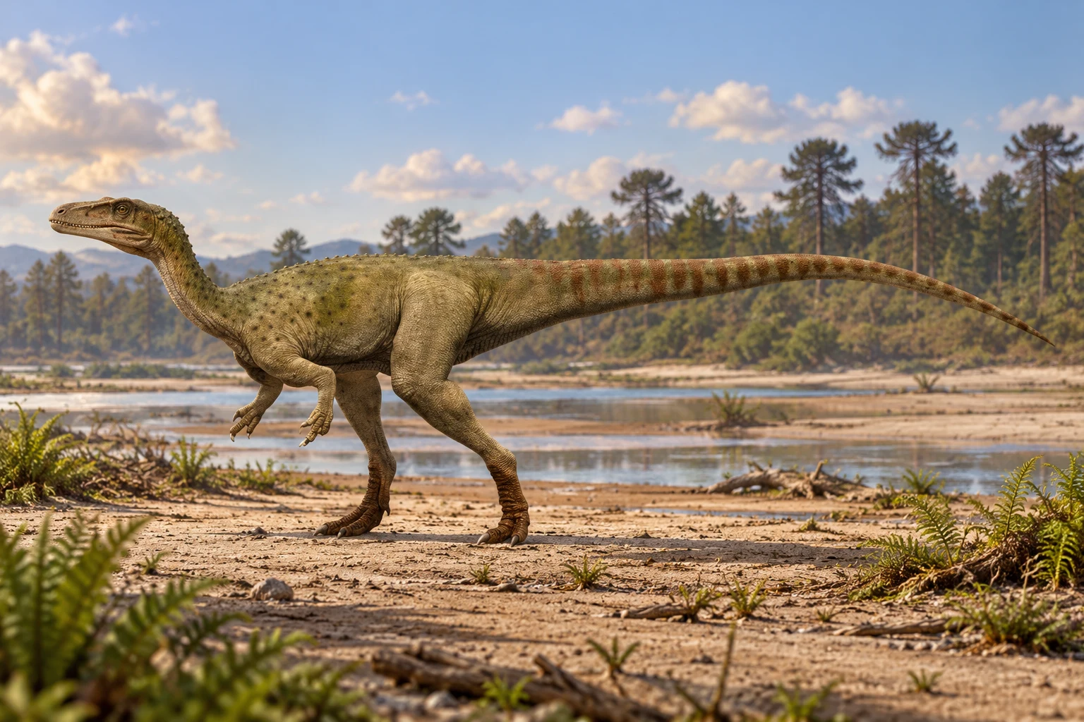 AI artistic reconstruction of Spinostropheus: long low toothed head; Short grasping forelimbs; Long hind limbs and long narrow tail.