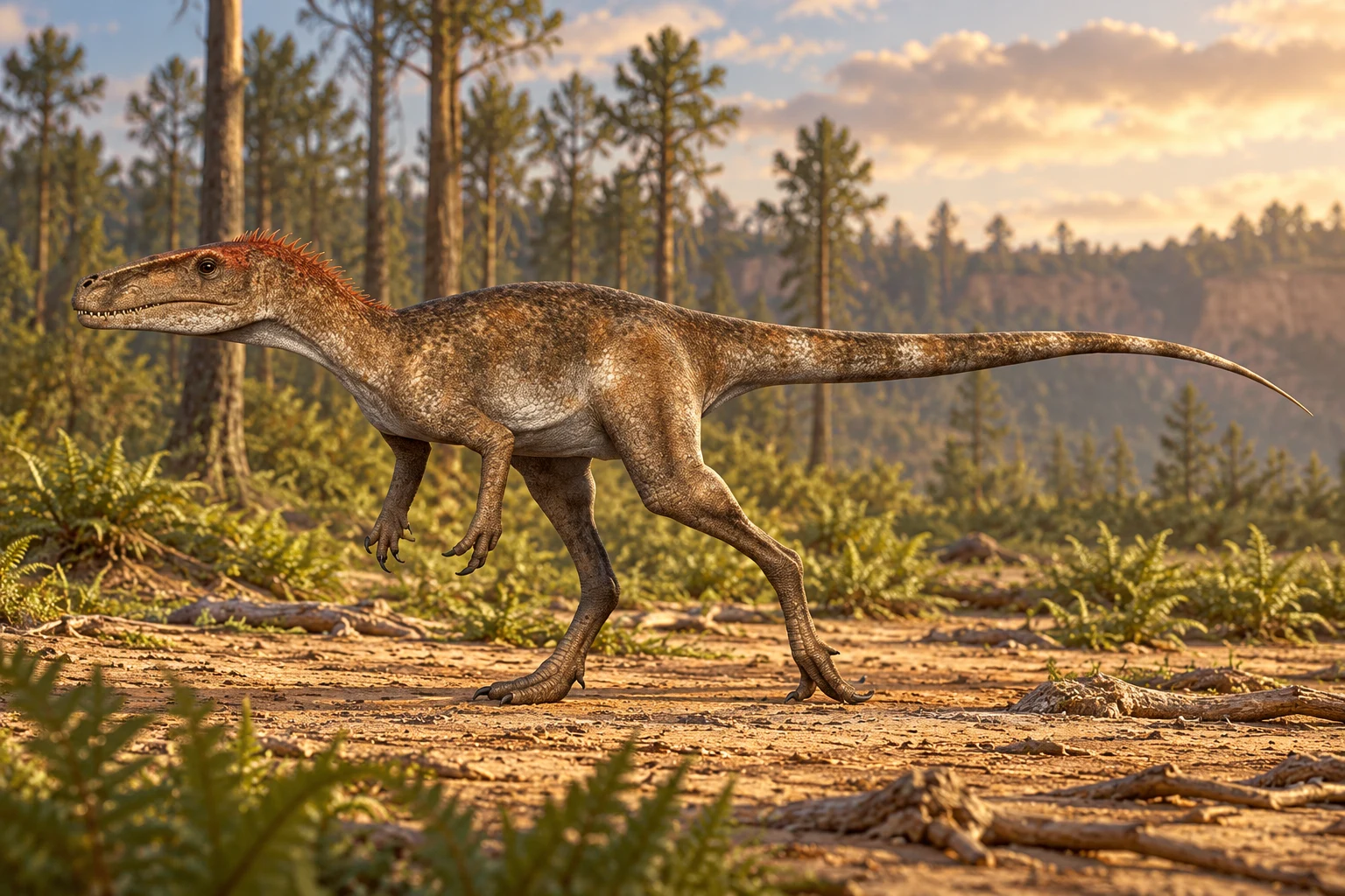 AI artistic reconstruction of Staurikosaurus: long low toothed head; Three-fingered forelimbs; Long hind legs and long tapering tail.