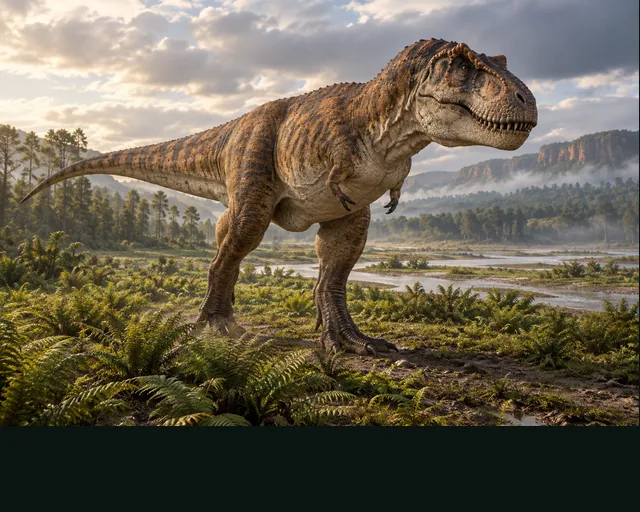 Tarbosaurus in a prehistoric landscape — AI-generated artistic interpretation