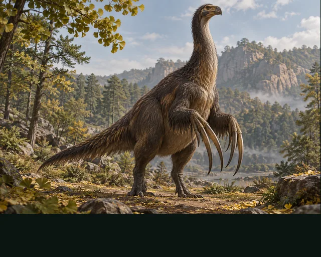 Therizinosaurus in a prehistoric landscape — AI-generated artistic interpretation