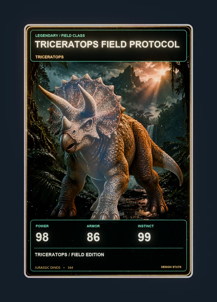 Triceratops realistic 3d game collectible card with holographic foil
