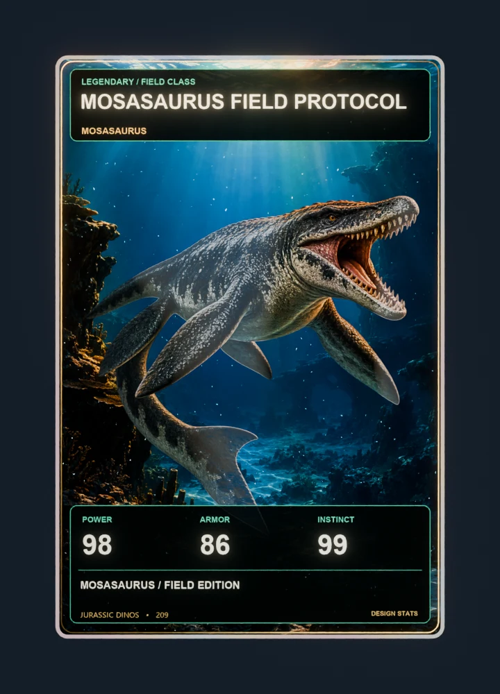 Mosasaurus realistic 3d game collectible card with holographic foil